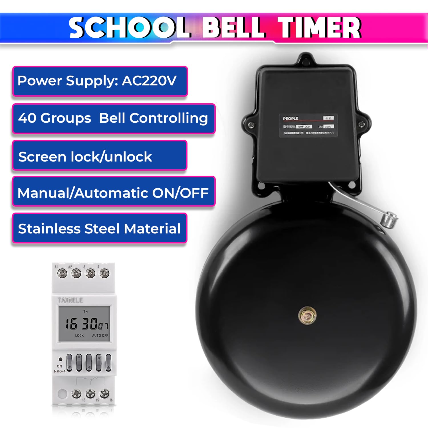 amiciSmart Automatic School Bell, 120dB Electric Gong Bell with Weekly Programmable Timer Switch, 40 Group Setting with 1~99sec Adjustable Ring Time, 220VAC