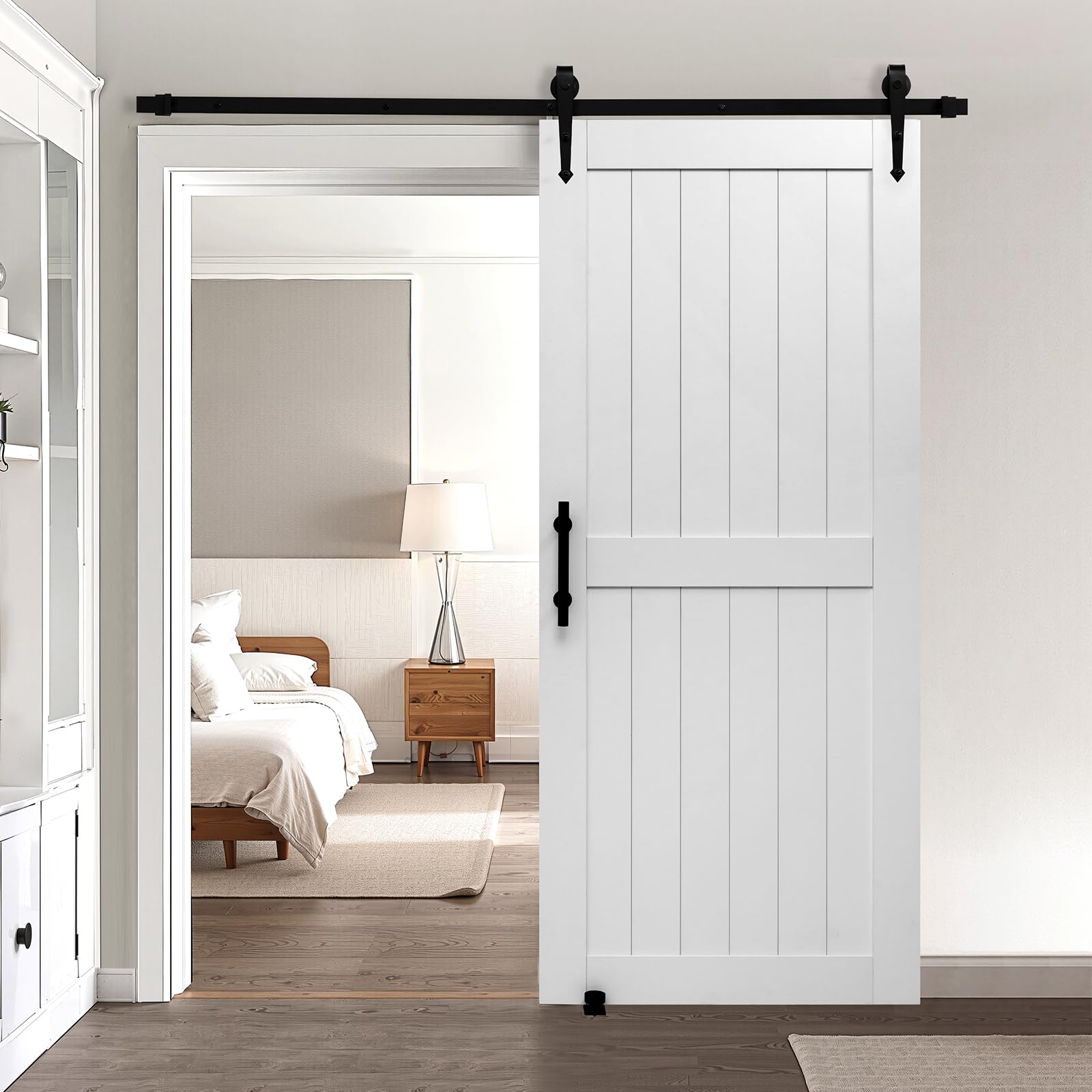 VEVOR Schiebetür im Scheunenstil Schiebetürsystem (914 x 2134 mm) aus hochfesten MDF-Platten, Scheunentor mit Hardware-Kit & wasserfester PVC-Oberfläche & H-Rahmen für Wohnzimmer Badezimmer Weiß