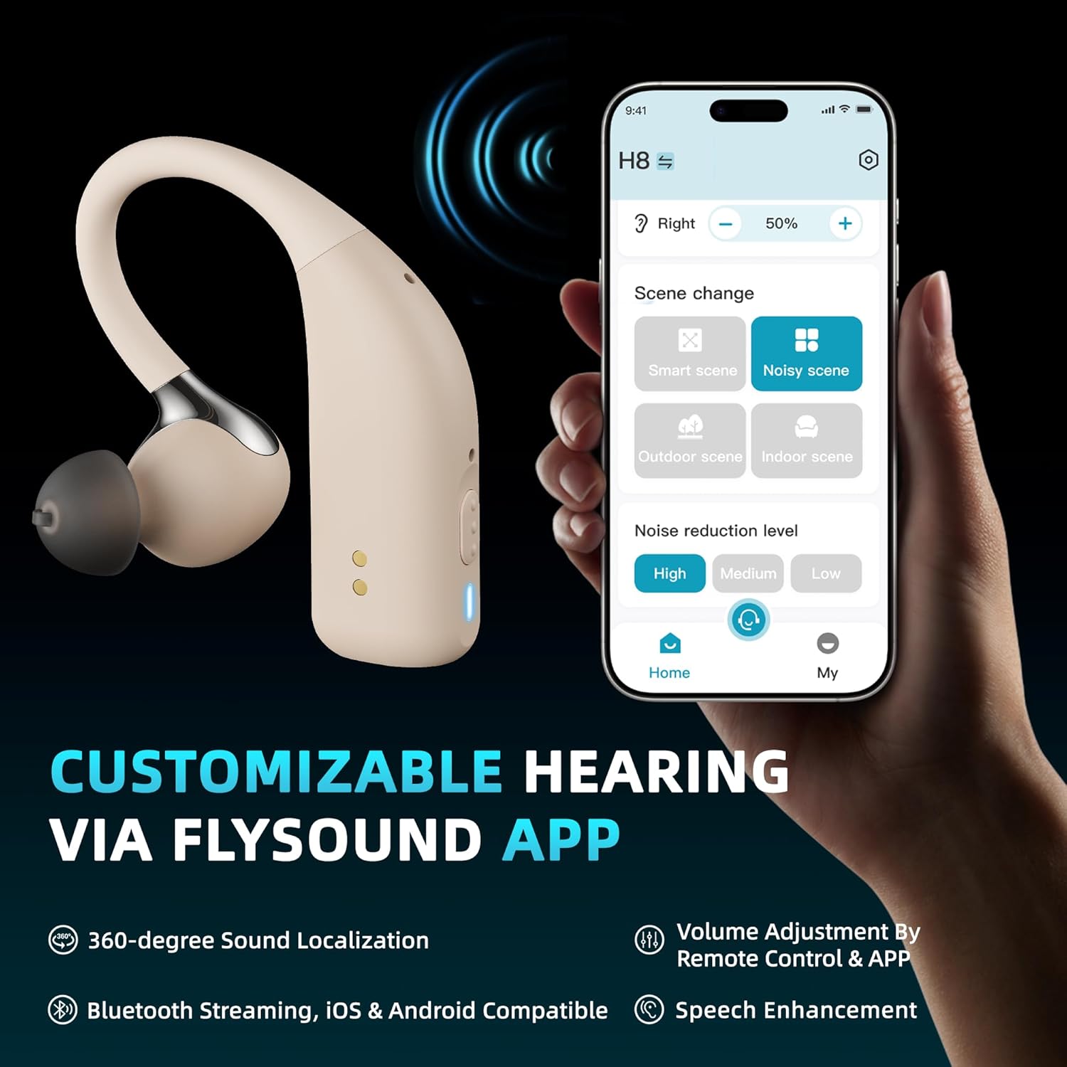 FLYSOUND Premium OTC Hearing Aids with Bluetooth for Seniors & Adults | Experience 80% Speech Recognition Boost & Tinnitus Relief via App | Up to 60dB High Gain & AI Noise Reduction | Stylish Gold Des