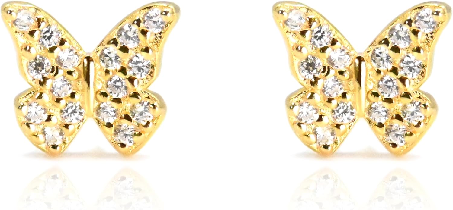 Butterfly Stud Earrings, 925 Sterling Silver with 18K Plating, Dainty Sparkling Accents, Elegant Everyday Jewelry for Women