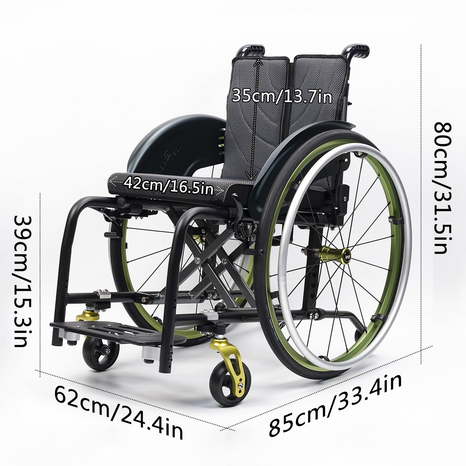 Silla de ruedas manual ligera, silla de ruedas deportiva ultraligera portátil todo terreno, silla de ruedas plegable, sillas de ruedas de transporte con antivuelco(A,42cm/16.5in)
