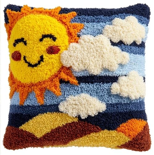 WallustrioaW DIY Latch Hook Pillow Kit,Smiling Sun Pillowcase Kits Embroidery Kits 17X17 Inch DIY Needlework Pillow Cover Sofa Cushion Rug Making
