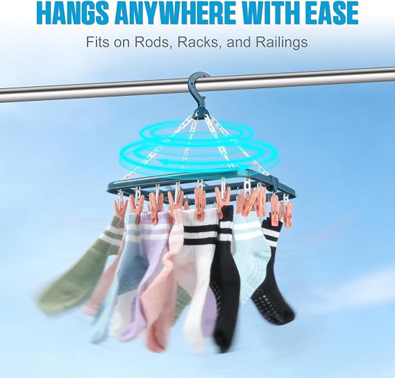 lohey Foldable Clothes Drying Rack with 32 Clips, Space-Saving Sock Hangers for Drying, Multi-Functional Clothes Pegs for Washing Line for Hats, Shoe Insoles, Underwear, Baby Clothes (Pink&Blue)