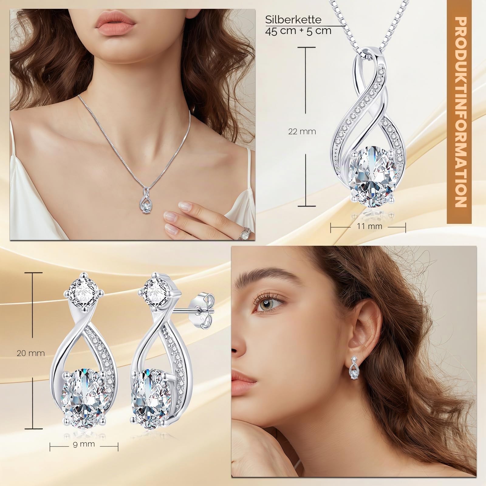 Schmuckset Silber 925 Damen, 925 Sterling Silber Unendlichkeit Halskette & Ohrstecker Set, 2 PCS Schmuck Set - Silberkette mit Tropfen Anhänger & Ohrstecker mit 5A Zirkonia für Mutter Ehefrau