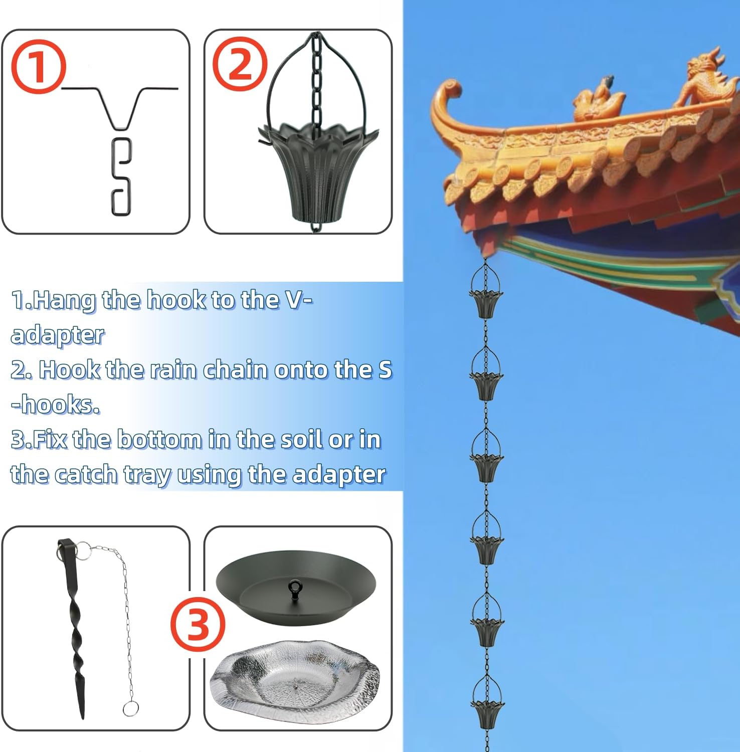 DFTDFYXYRain Chain UK Metal Hanging Rain Chains Rain Water Catcher Rain Chains for Gutters Outdoor Rain Chains Decorative Rain Chain W/Holder and Hook,for Gutters,Patios,Gardens (Black),1.5m(4.9ft)