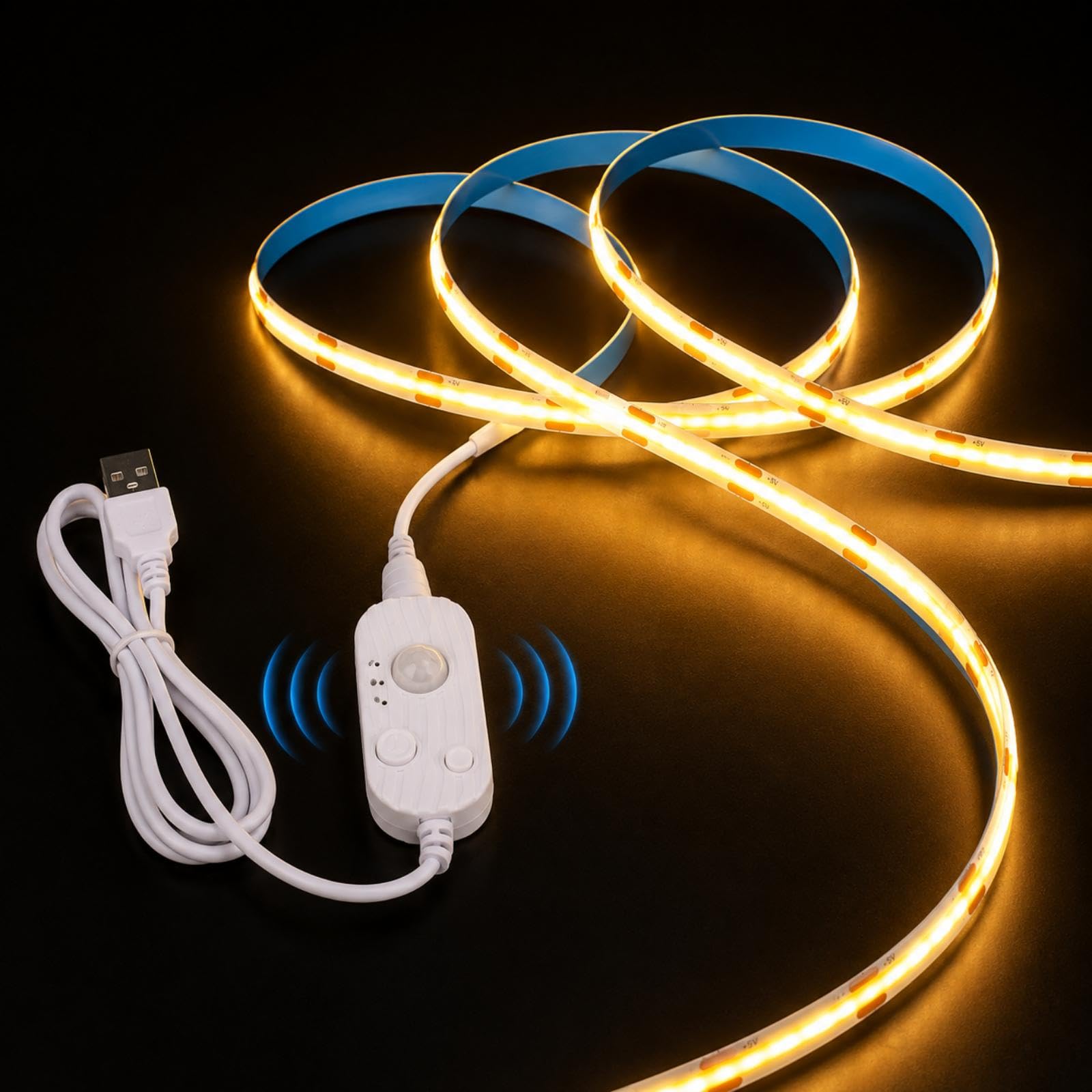PSTAR Motion Sensor COB LED Strip Lights 2M, 5V Indoor Warm White 3000K Movement Activated Auto ON/Off Dimmable LED Tape, 320LED/M, USB Powered, Self-Adhesive for Closet Wardrobes Cabinets Stairs