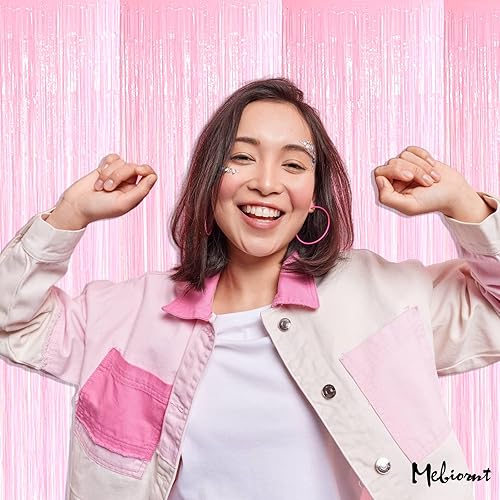 Miniatura 6 de Paquete de 4 cortinas con flecos, 3.2 pies x 8.2 pies, color rosa metálico con flecos de papel de aluminio para cabina de fotos, cumpleaños, boda,