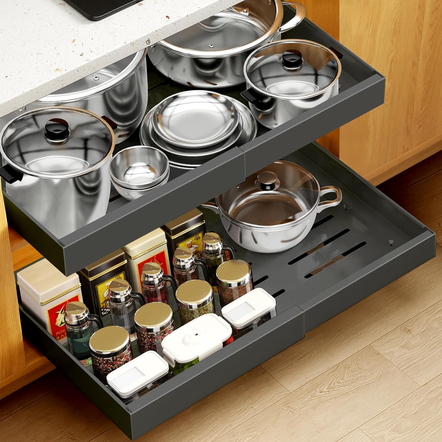 2Pack Expandable Pull Out Cabinet Organizer 21" Deep - Sliding Drawer Organizer Roll Out Shelves Adhesive - Adjustable Width 15.2"-26.2" W (White)