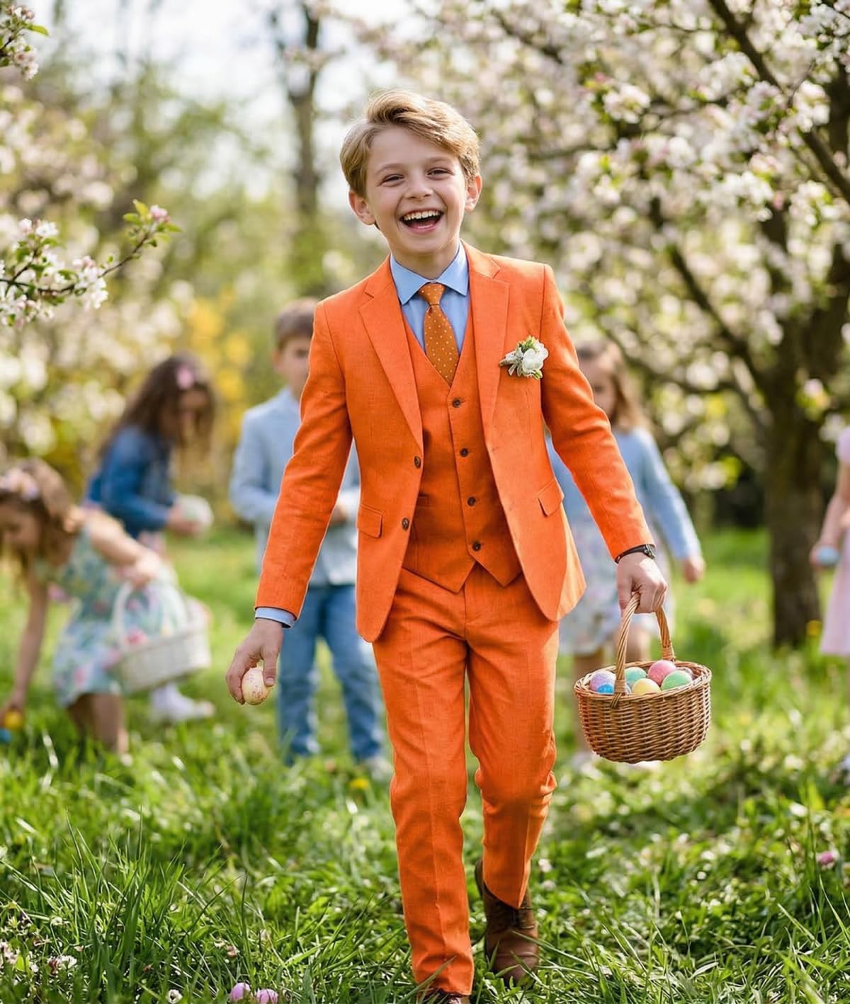 Boys Linen Suit Slim Fit 3 Piece Summer Beach Wedding Kids Tuxedo with Jacket Vest Pant Set Easter Suits for Boy