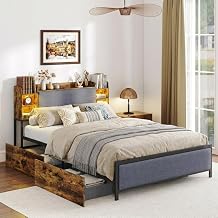 RELAX4LIFE LED Double/King Bed Frame with 4 Storage Drawers, Metal Slats Support Bedstead with LED Lights, Charging Station & Removable Shelves, Upholstered Headboard Bed Base, No Box Spring Double