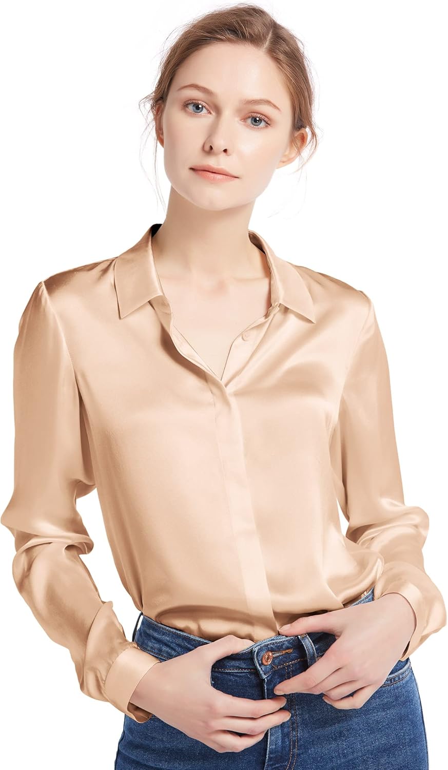 LilySilk 100% Silk Blouse for Women Button-Down Shirt 22MM Classic Luxurious Smooth Top for All Season Business Casual Light Camel Large