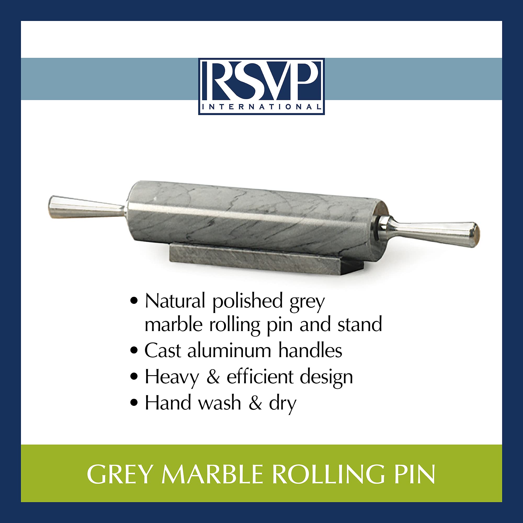 RSVP International Rodillo de mármol gris para hornear y soporte, 10 pulgadas | diseñado para mantener la masa de pastelería fría | fondant, corteza de pasteles, galletas, pasteles, pasta, masa de pizza, galletas
