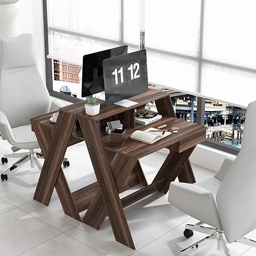 Miniatura 6 de Tangkula Escritorio para computadora de 2 niveles con cajón de almacenamiento pequeño escritorio con soporte para monitor reposapiés pensado y patas