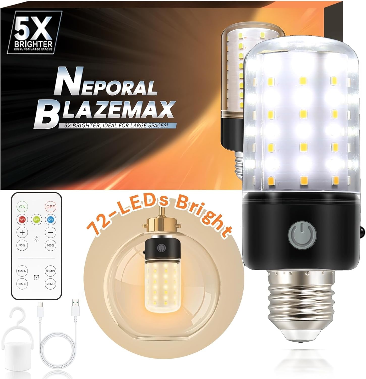 Neporal BlazeMax Rechargeable Light Bulbs - 72 LED Bright & 4 Control Modes & 3-Color & Dimmable,2600mAh Long Lasting USB/Lamp Rechargeable, A19 E26 Battery Light Bulb for Lamps & Sconces, 4-Pack