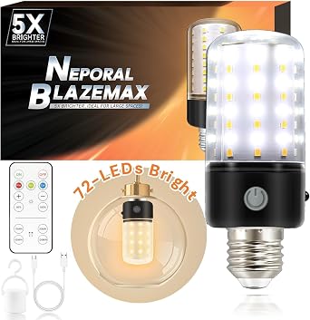 Neporal BlazeMax Rechargeable Light Bulbs, Bright & Wide Dimmable Range, 3-Color Shifts, 2600mAh USB/Lamp Rechartgeable Battery or Outages, Switch/Remote/Touch Control, Compact for Lamps, Sonces, 1 PK