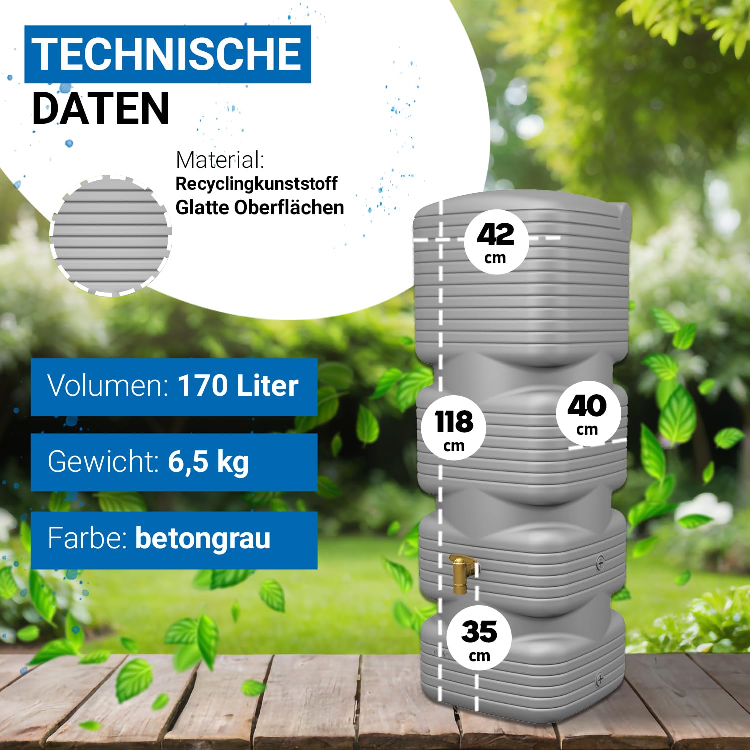 4rain Quadro Regentonne Wandtank Komplett-Set 170 Liter betongrau inkl. Kunststoff-Auslaufhahn und Fallrohranschluss - schmale Lösung am Haus - klare Optik in Betongrau - für Enge Plätze geeignet