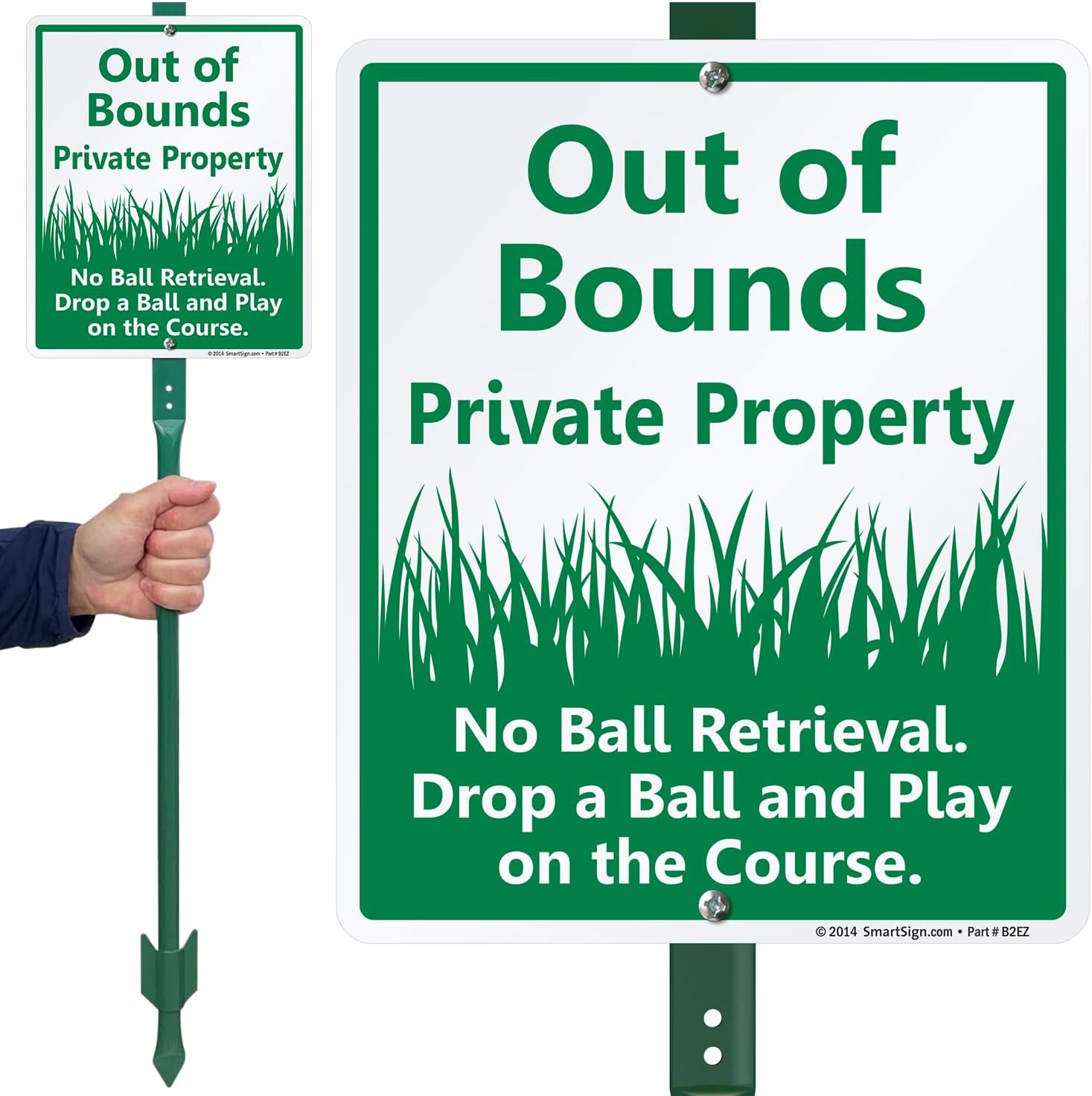 SmartSign 12" x 10" 'Out Of Bounds Private Property No Ball Retrieval Drop Ball And Play On Course' Yard Sign with 3 ft Stake, 40 mil Laminated Aluminum, Green and White, Set of 1, USA-Made
