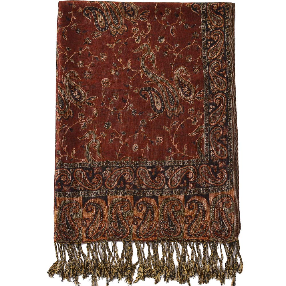 Becolored Paisley Flowers Borders Pattern Pashmina Silk Scarf Shawl Wrap Blanket Reversible Comfortable With Fringes, 16-rust Red, Large