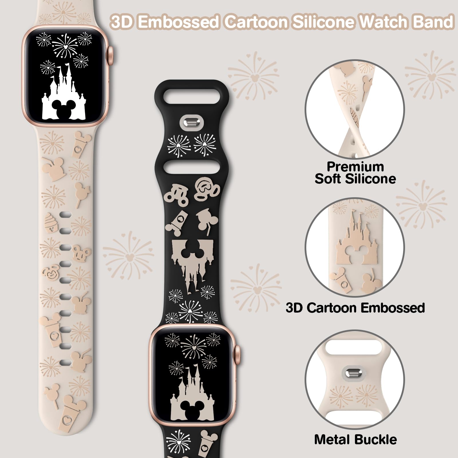 Bracelet en relief 3D de dessin animé compatible avec les bracelets Apple Watch 40 mm, 38 mm, 44 mm, 45 mm, 41 mm, 42 mm, 49 mm, bracelet de sport en silicone souple bicolore, pour iWatch Series 10 9
