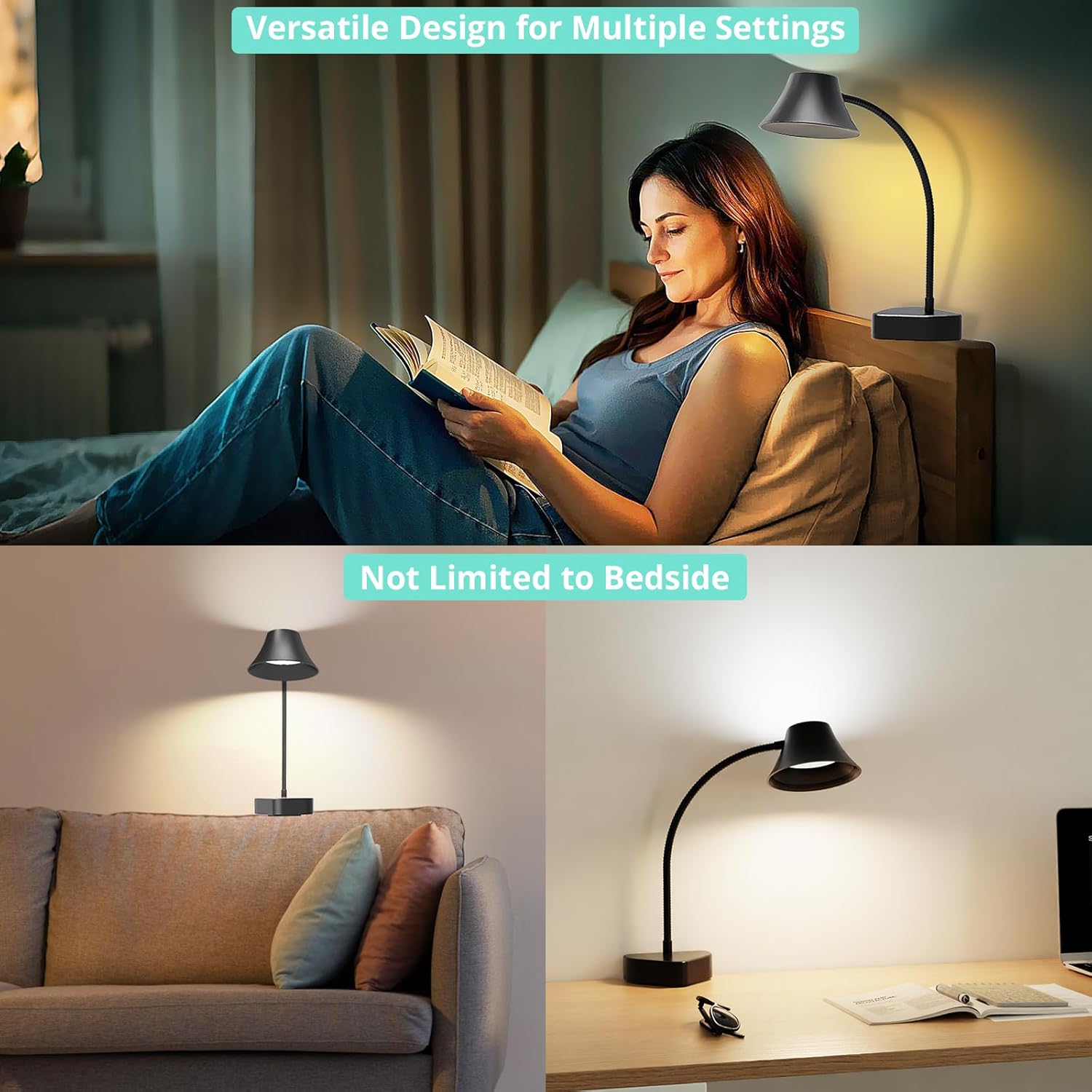 TONYFUL Bed Light for Headboard, Eye Care Reading Lamp, No Drilling Bed Light, 5 Colors & 10 Brightness Book Light with Flexible Gooseneck, Top Ambient Lighting for Bedroom, Desk, Living Room Sofa