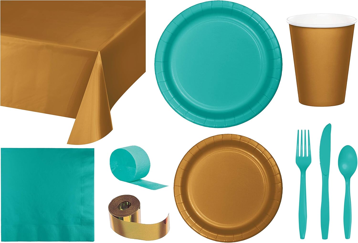 Baxters Party Bundle Bulk, Tableware for 24 People Gold and Teal Green, 2 Size Plates Napkins, Paper Cups Tablecovers and Cutlery, Box of 199