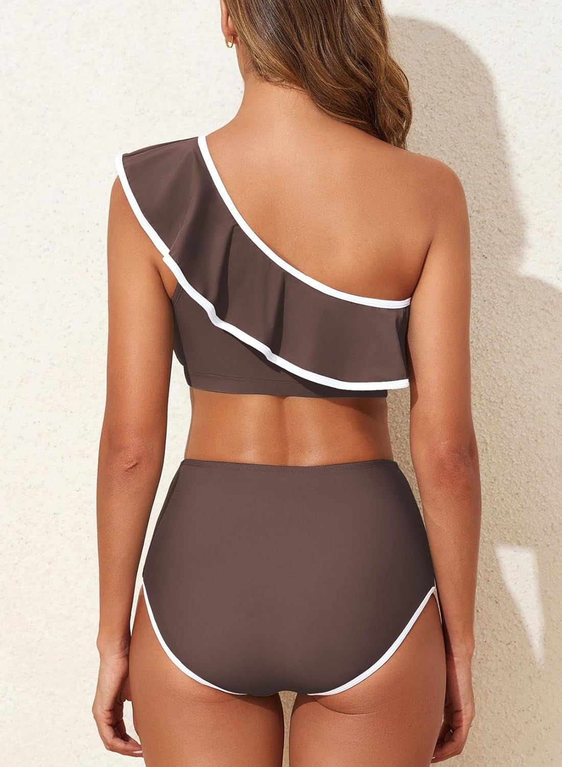 Herseas Women's One Shoulder Bikini Sets Color Block Trim Ruffle Hem Swimsuits Elegant Bathing Suits - Image 3