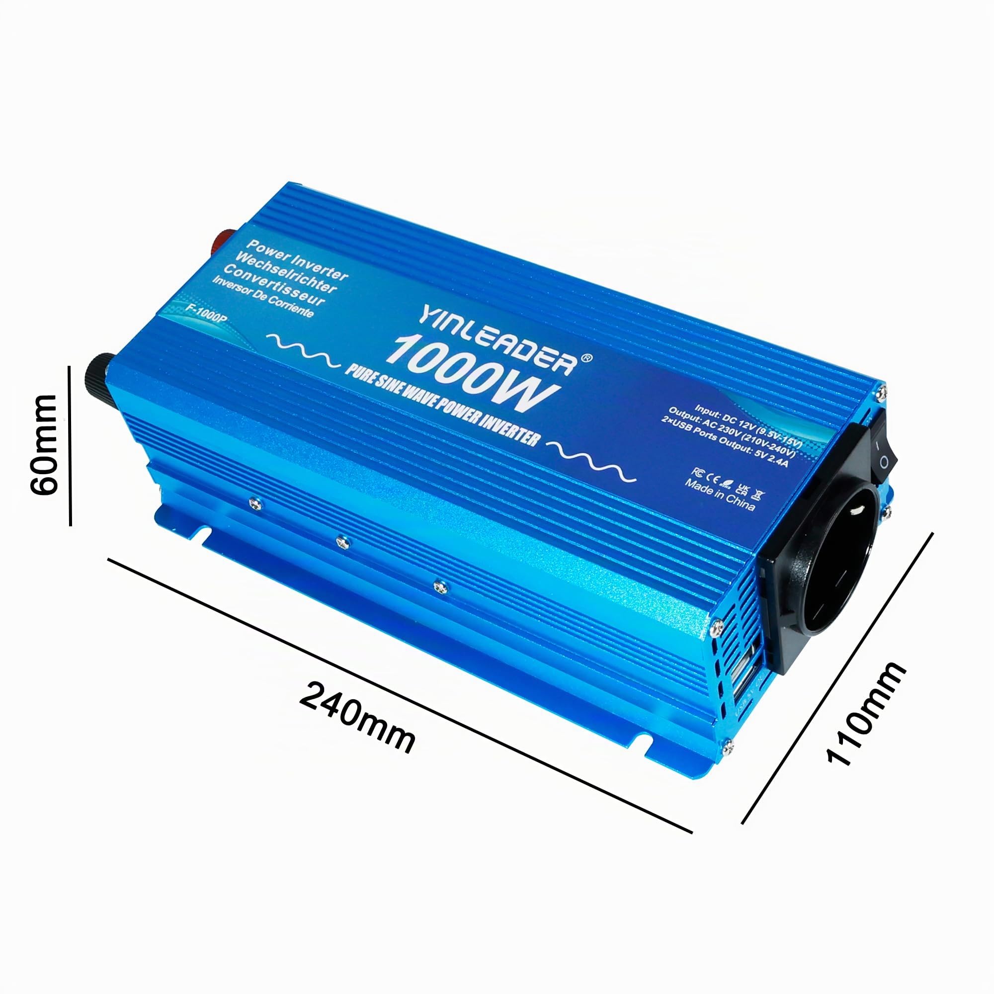 Yinleader Inversor De Corriente Onda Sinusoidal Pura 1000W Transformador De 12v A 230v, 1 Toma EU Enchufe 2 USB, para Coche Caravana Barco cámping de Viaje /2000W Potencia de sobretensión