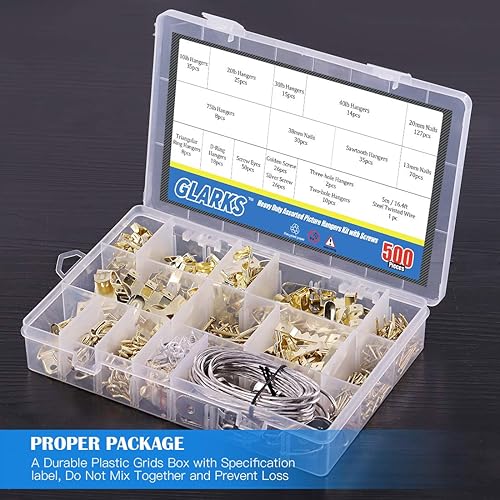 Miniatura 5 de Glarks Kit de 500 piezas para colgar cuadros, resistente para colgar fotos, ganchos con clavos, ganchos, alambre para colgar, ojos de tornillo,