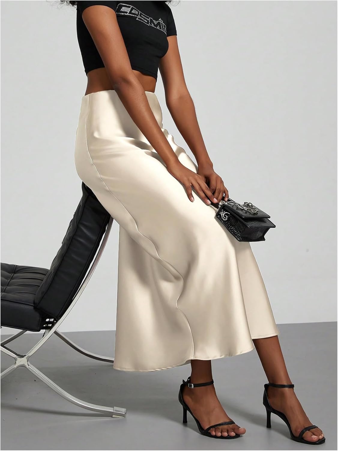 RoseSeek Women's Flare Hem Silky Satin Skirt Elastic High Waist Elegant Cocktail Long Skirt