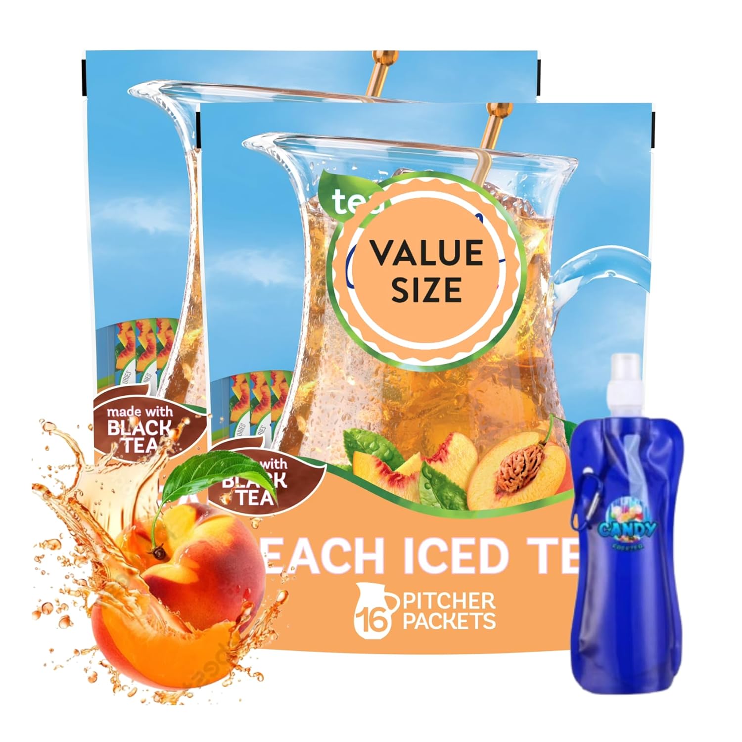 Peach Iced Tea Drink Mix 4.55 oz – 2 Pack (16 Pitcher Packets Total), Made with Black Tea – Sugar-Free, Low-Calorie Beverage Mix with Collapsible Water Bottle (Peach Iced Tea) Bottle
