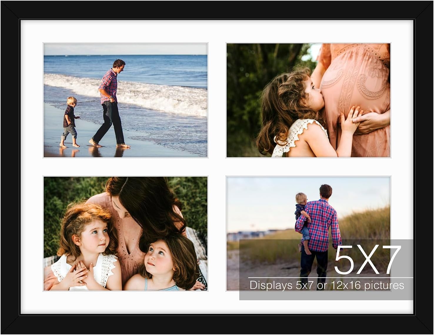 Golden State Art, 12x16 Black Wood Collage Picture Frame - Picture Frame with White Mat Displays Four 5x7 Photos - Collage Frame - Tempered Glass, Sawtooth Hanger, Swivel Tabs - Wall Mounting