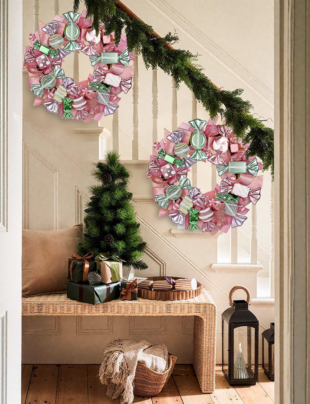 20" Christmas Wreath with Candy Themed for Front Door Decorations, Christmas Door Wreath with Pink & Gold Bow Ornaments for Home Wall Indoor Outdoor Xmas Decor