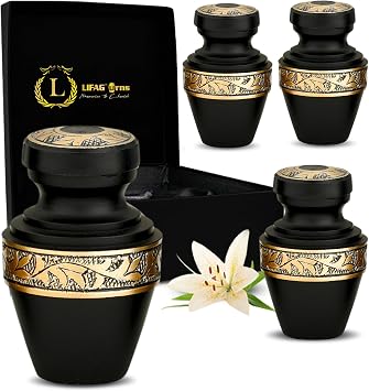 Mini Urns for Human Ashes Set of 4 with Velvet Case & Funnel | Handcrafted Metallic Small Urns for Human Ashes Keepsake - 3 Inches Matte Black, Small, Grecian