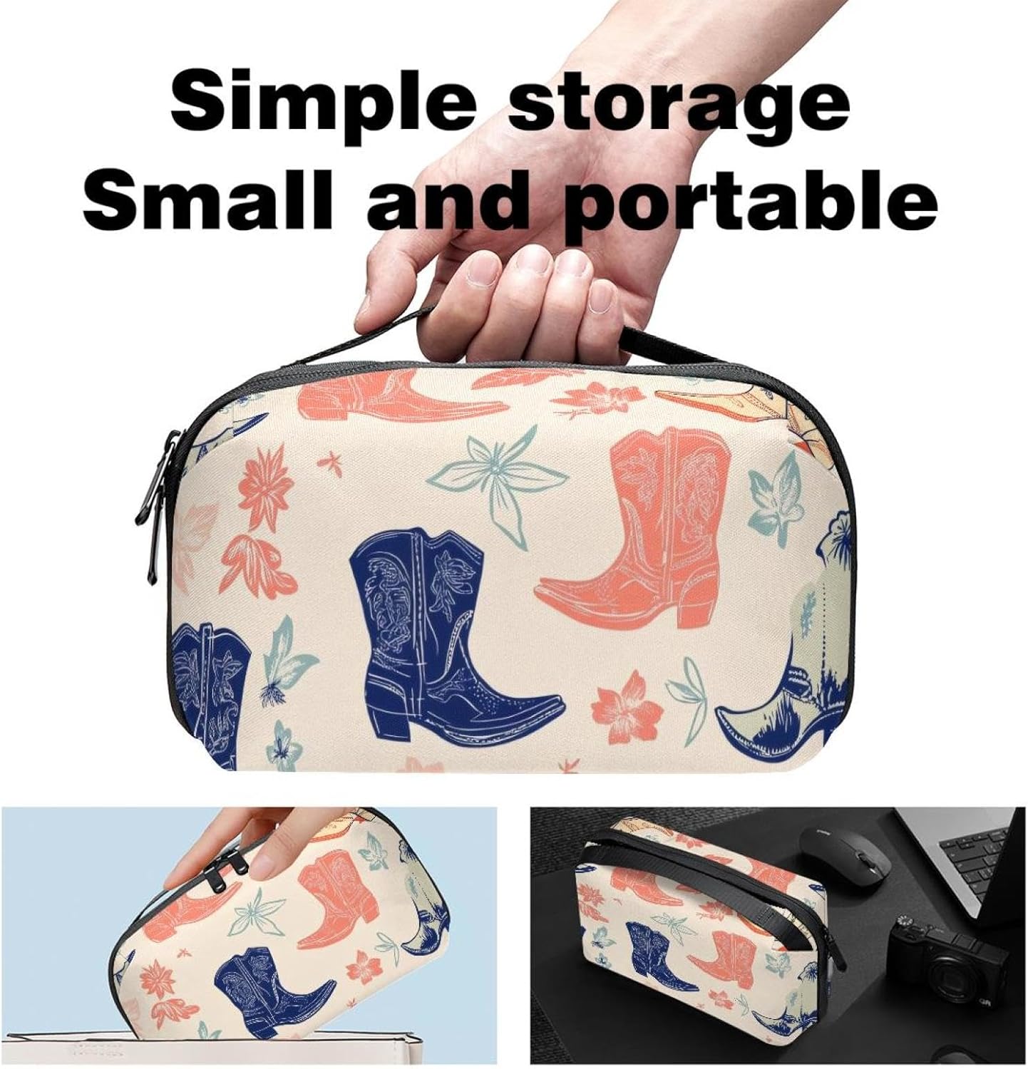 Image showing the compact size of the electronics organizer and examples of items stored inside.