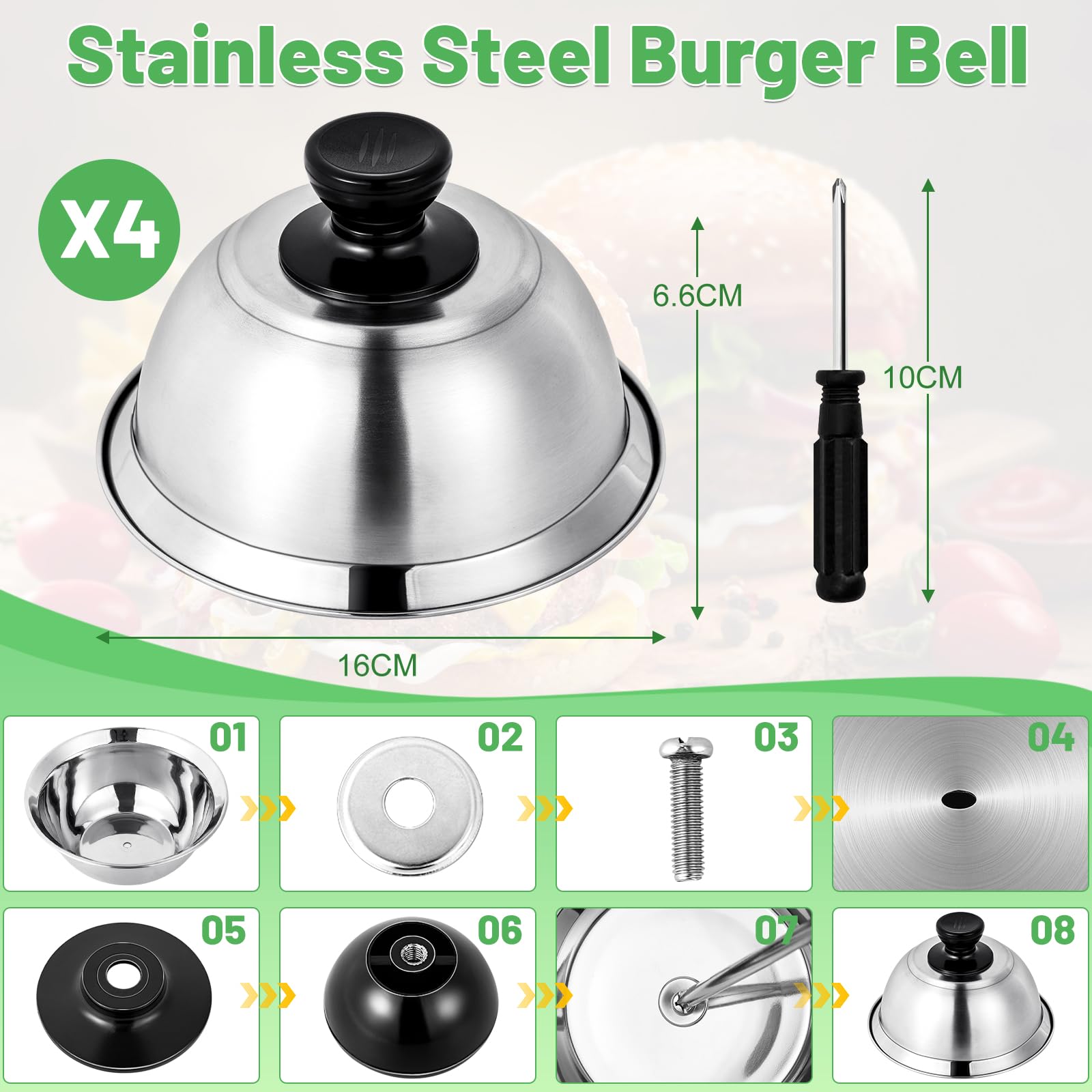4 Pezzi 16 x 6,6 cm, Campana per Hamburger, in Acciaio Inox, per Barbecue, Cucina, Bistecca, Barbecue e teppanyaki, Lavabile in lavastoviglie