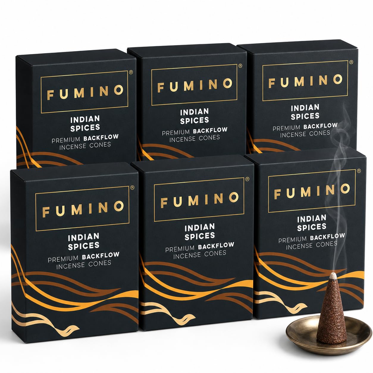 Fumino Indian Spices Backflow Incense Cones 90 Pack 6 Boxes - Natural Masala Cones for Waterfall Cascade Smoke & Meditation, Warm Spiced Scent, Hollow-Core for Backflow Burners