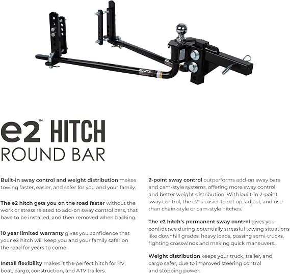 Fastway e2 2-Point Sway Control Round Bar Hitch, 94-00-0600, 6,000 Lbs Trailer Weight Rating, 600 Lbs Tongue Weight Rating, Weight Distribution Kit Includes Standard Hitch Shank, Ball NOT Included | Model 94-00-0600, 600 lbs tongue weight rating, built-in 2-point sway control, includes standard shank, ball not included