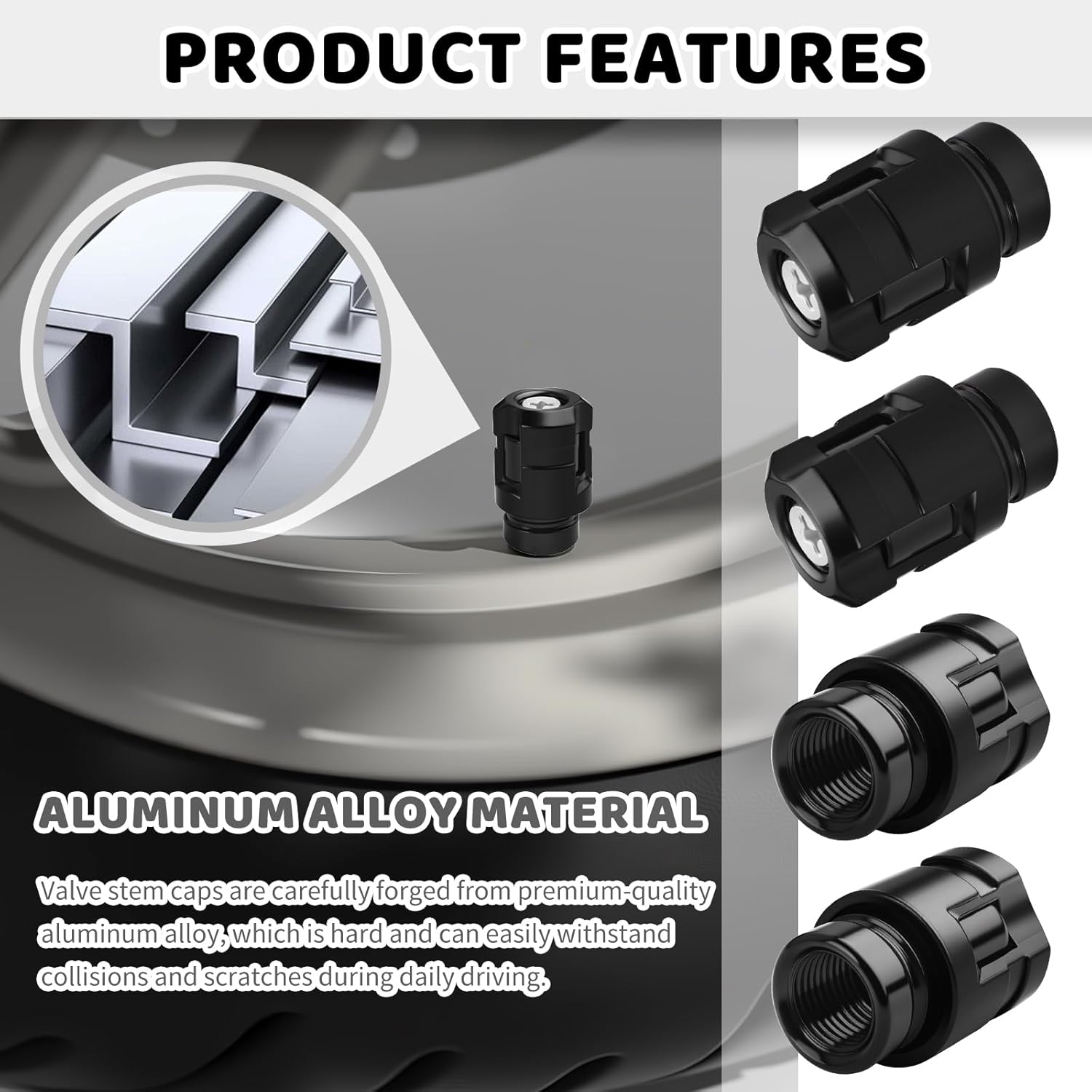 4PCS 2026 New Car Tire Valve Caps,Special-Shaped Tire Valve Stem Caps Car Decorations for Avoiding Air Leakage,Stylish Aluminum Alloy Valves Stem Covers for Most Vehicles (Black)