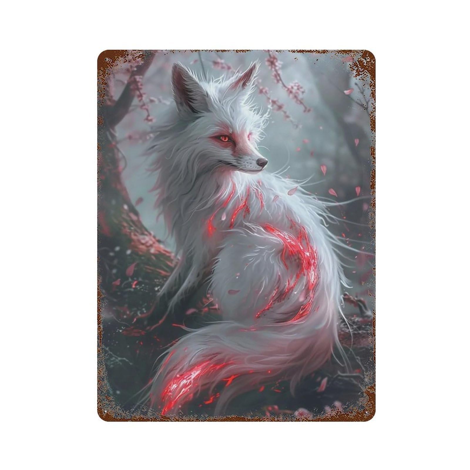 HDURYEYRYY Oriental Fantasy Glowing Red Stream White Nine Tailed Fox 04 Wall Retro Iron Vintage Art Metal Tin Sign Poster Modern Home Cofffee Club Art Bar Shop Decor Style 40x30cm