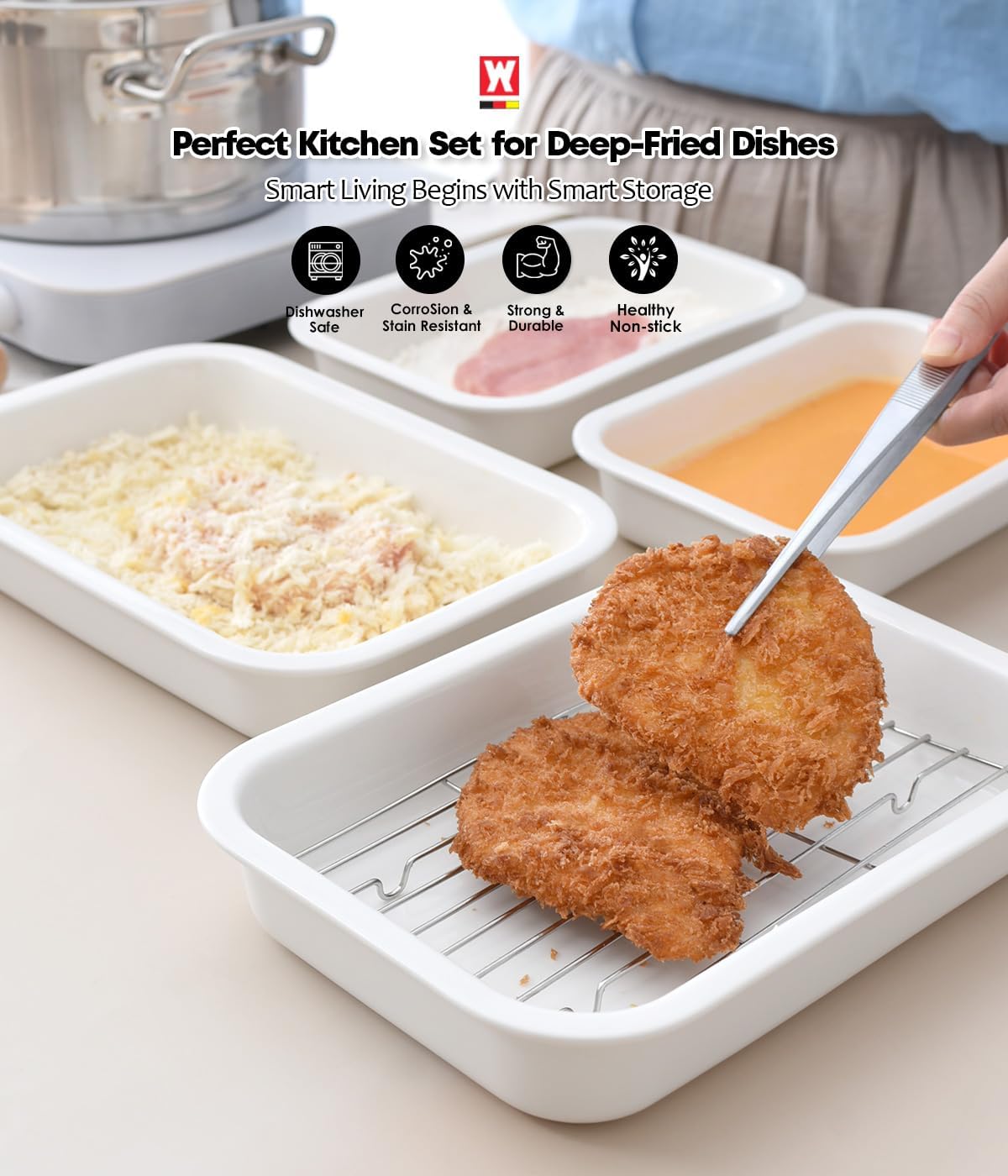 Ceramic Roasting Pan, Baking Dish with Stainless Steel Rack, Non Stick Chicken Roaster Pan, Microwave or Conventional Oven Cooking, Food Prep Tools, White Color (White, 2.94 Quarts)