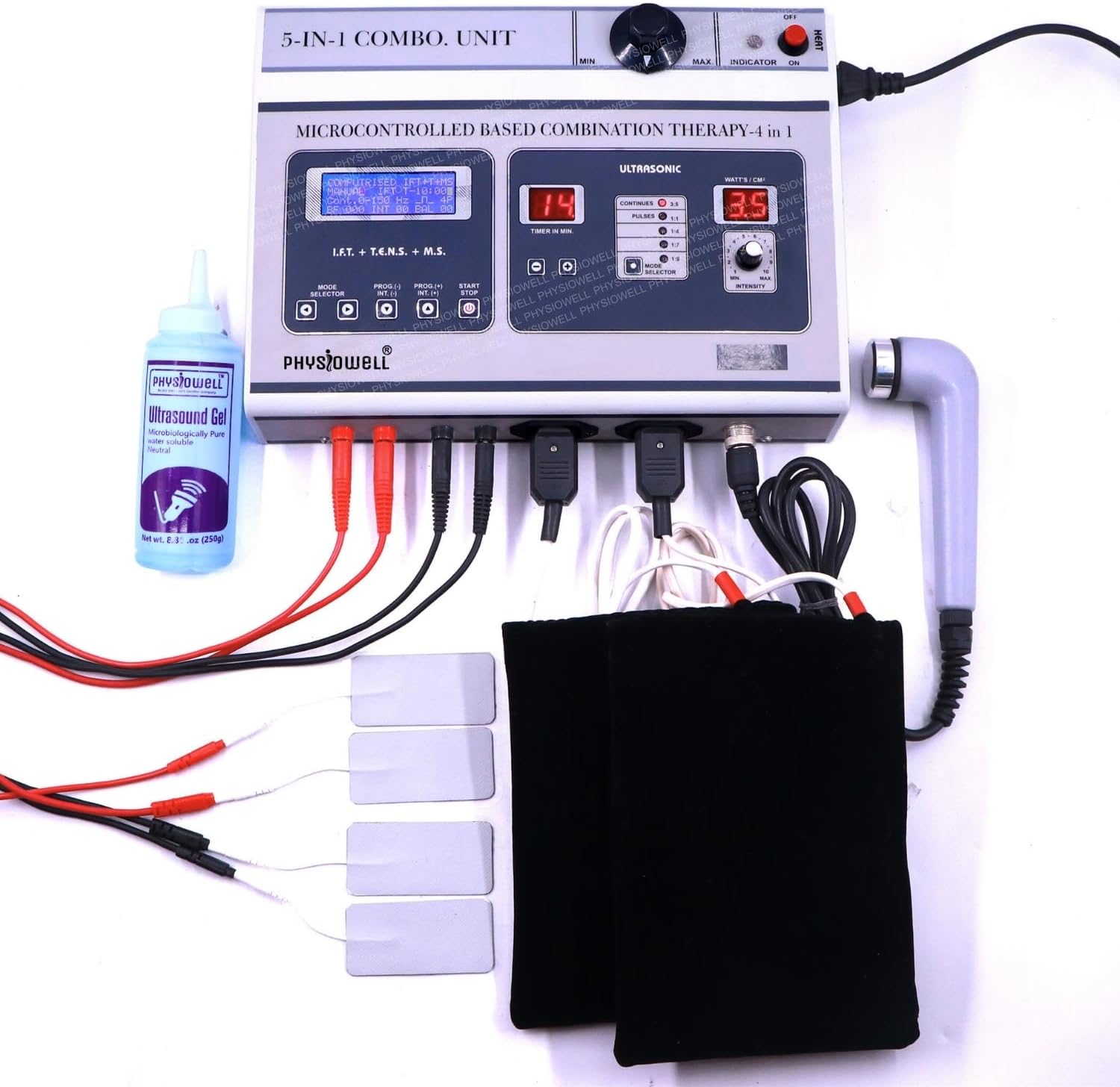 Physiowell 5 in 1 Physiotherapy Machine Combo | IFT, TENS, MS & Ultrasound Therapy Machine | Electrotherapy & Ultrasonic Pain Relief Device | Professional Physio Equipment with Probe