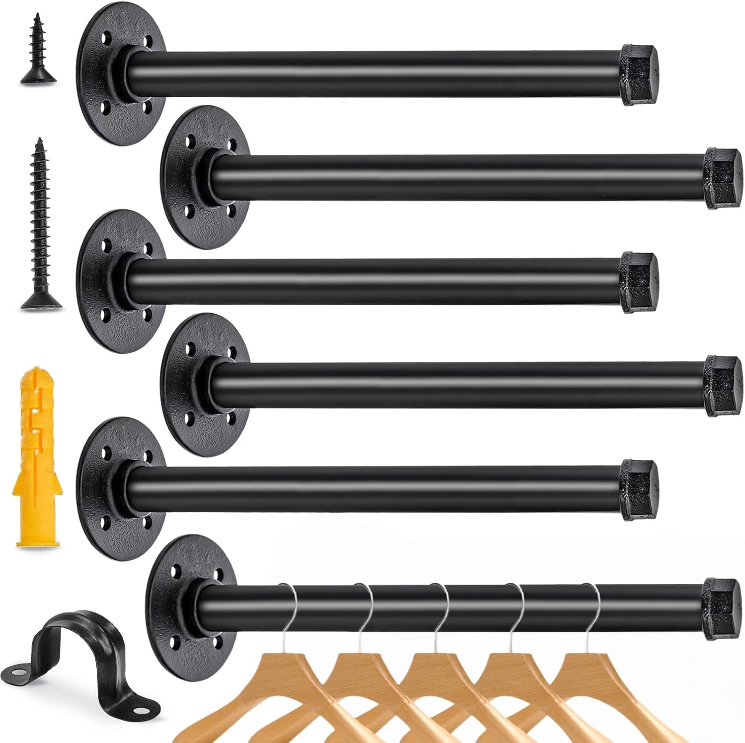ZOOFOX 6 Pack Industrial Pipe Clothes Bar, 12 Inch Wall-Mounted Clothing Rack, Heavy Duty Metal Coat Hook for Bathroom, Bedroom, Laundry Room, Retail Boutique Display