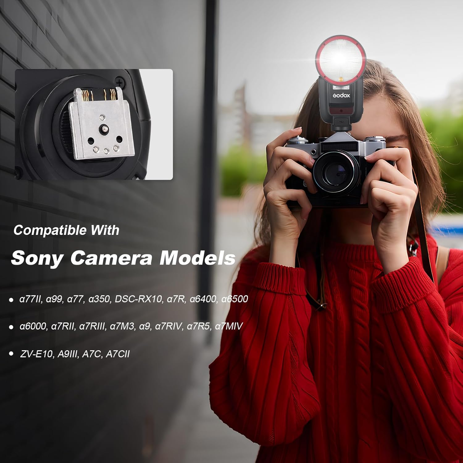 Godox V100S 100W TTL Flash for Sony - Round Head Speedlight with Touch Screen, AKR1 Accessory Kit, 2980mAh Battery, 70 Full Power Flashes