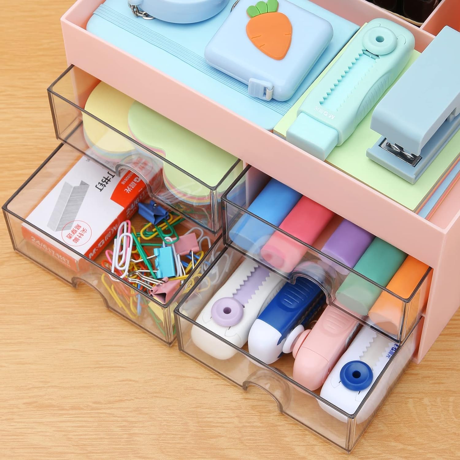 KAHEIGN Organizador de Escritorio 4 Cajones 19CM x 14CM Portalápices Gran Capacidad Rosa