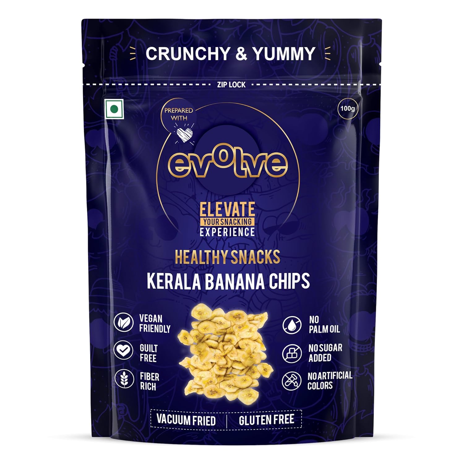 Evolve Kerala Banana Chips Healthy Snacks for Kids, Adults | Gluten-Free, Vegan, No Sugar or Colors, Vacuum Fried, Freshly Made| Ideal for Weight Loss, 100 gram
