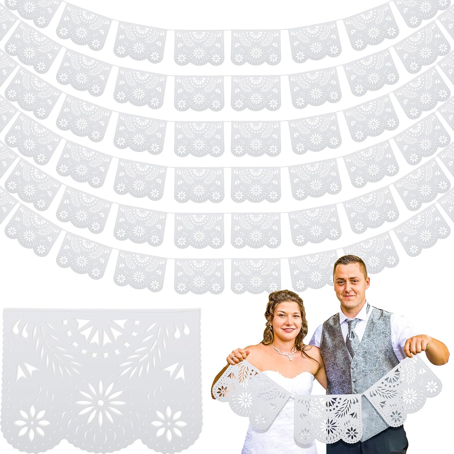 Tatuo 10 Pack 164 Feet Plastic White Papel Picado Banner Mexican Banner Cielito Lindo Party Decoration Large Mexico Fiesta Party Decorations Wedding Fiesta Hanging Flags for Cinco De Mayo