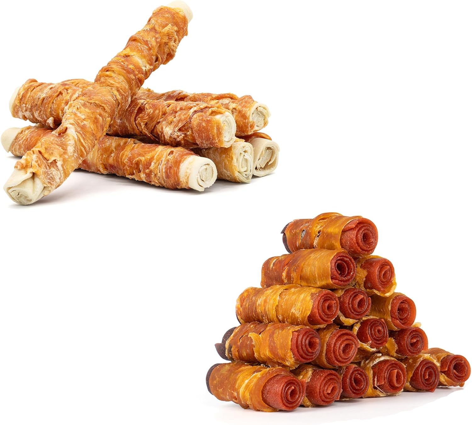 MON2SUN 9 Inch Dog Rawhide Rolls 6 Count for Large Dogs & 3 Inch Triple Flavor Chicken Wrapped Duck and Beef Rolls 16 Count for Small Dogs
