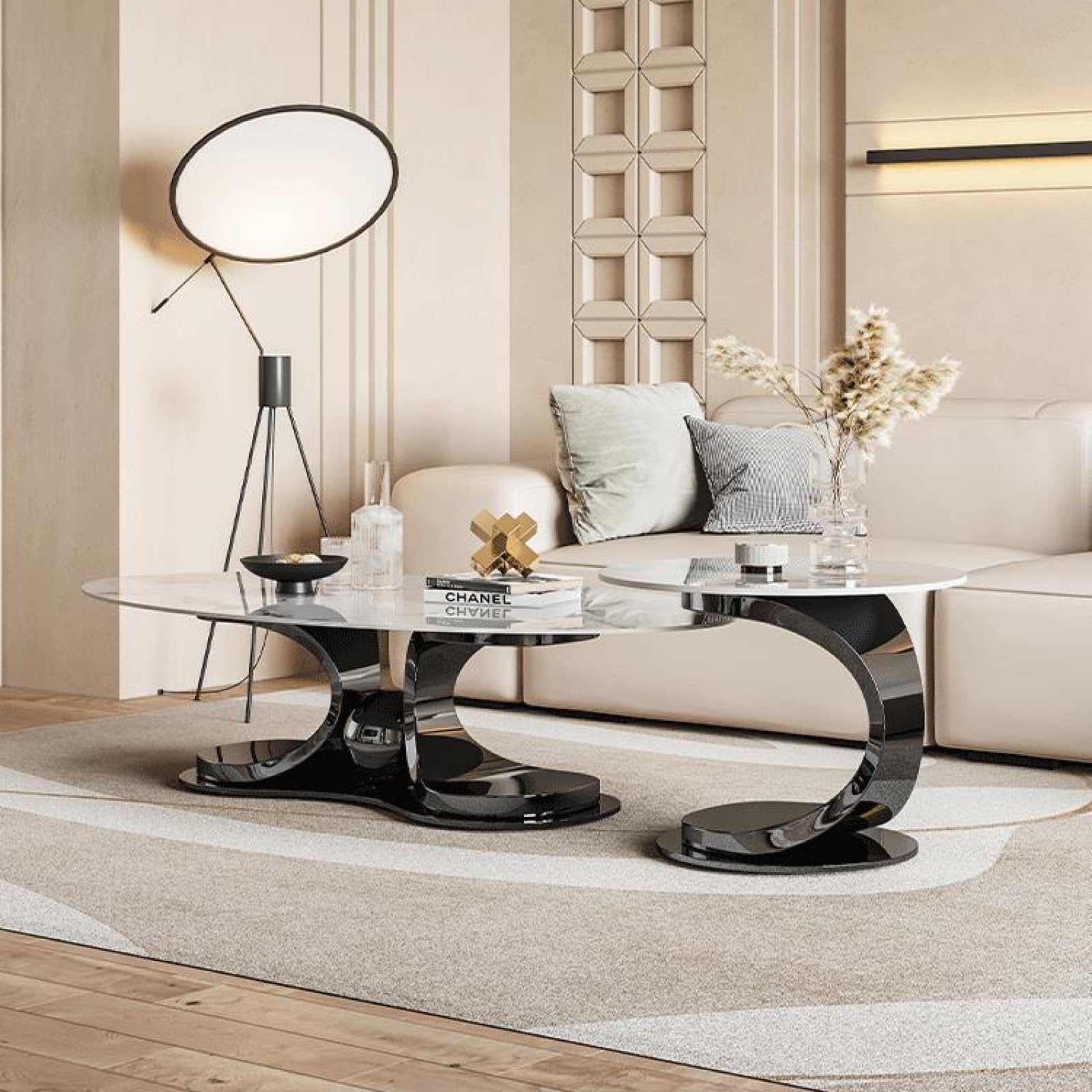 Table basse, design de luxe avec support en métal noir et plateau en pierre blanche, support solide, facile à nettoyer, style unique