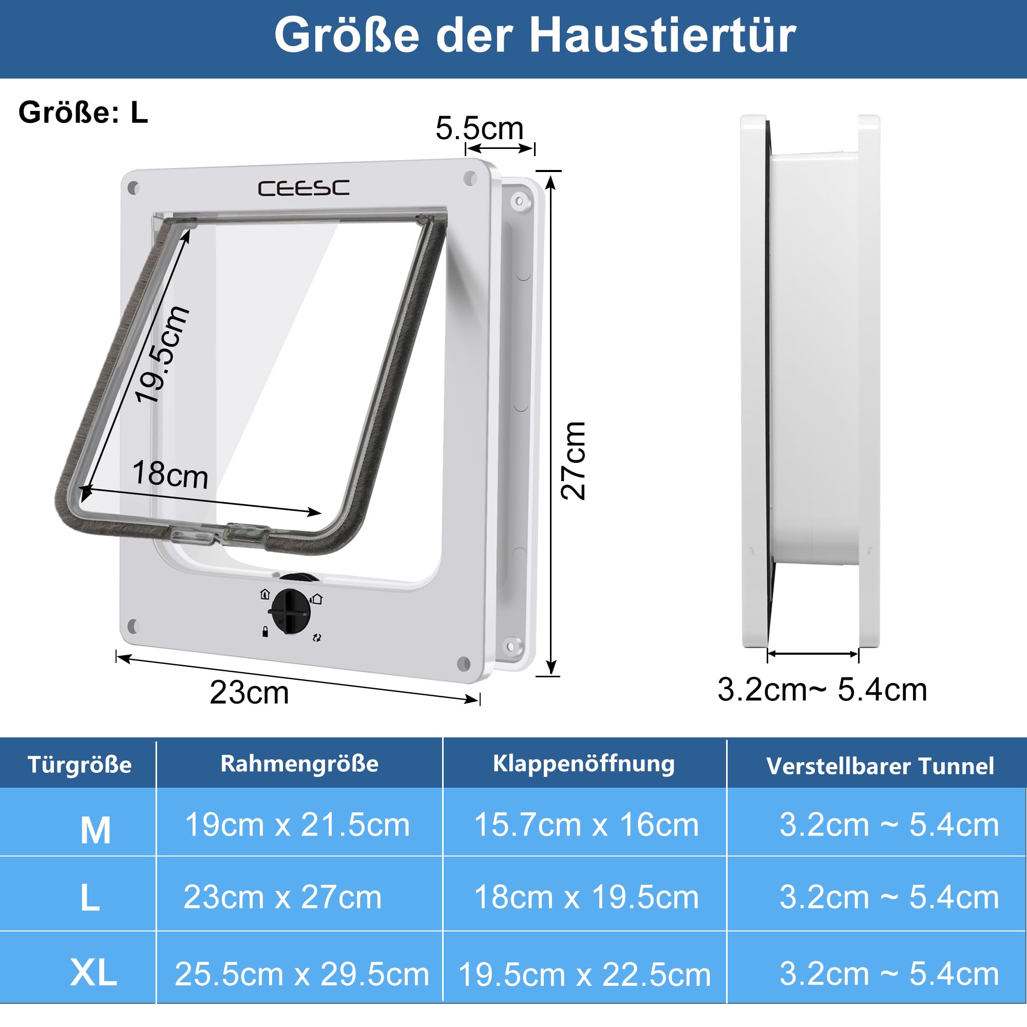 CEESC Große Katzenklappe für Innen-/Außentüren, Wetterfest, Drehbare 4-Wege-Verriegelung Haustiertür für Katzen & Hunde mit einem Umfang von bis zu 60 cm, Verbesserte Version(L,weiß)