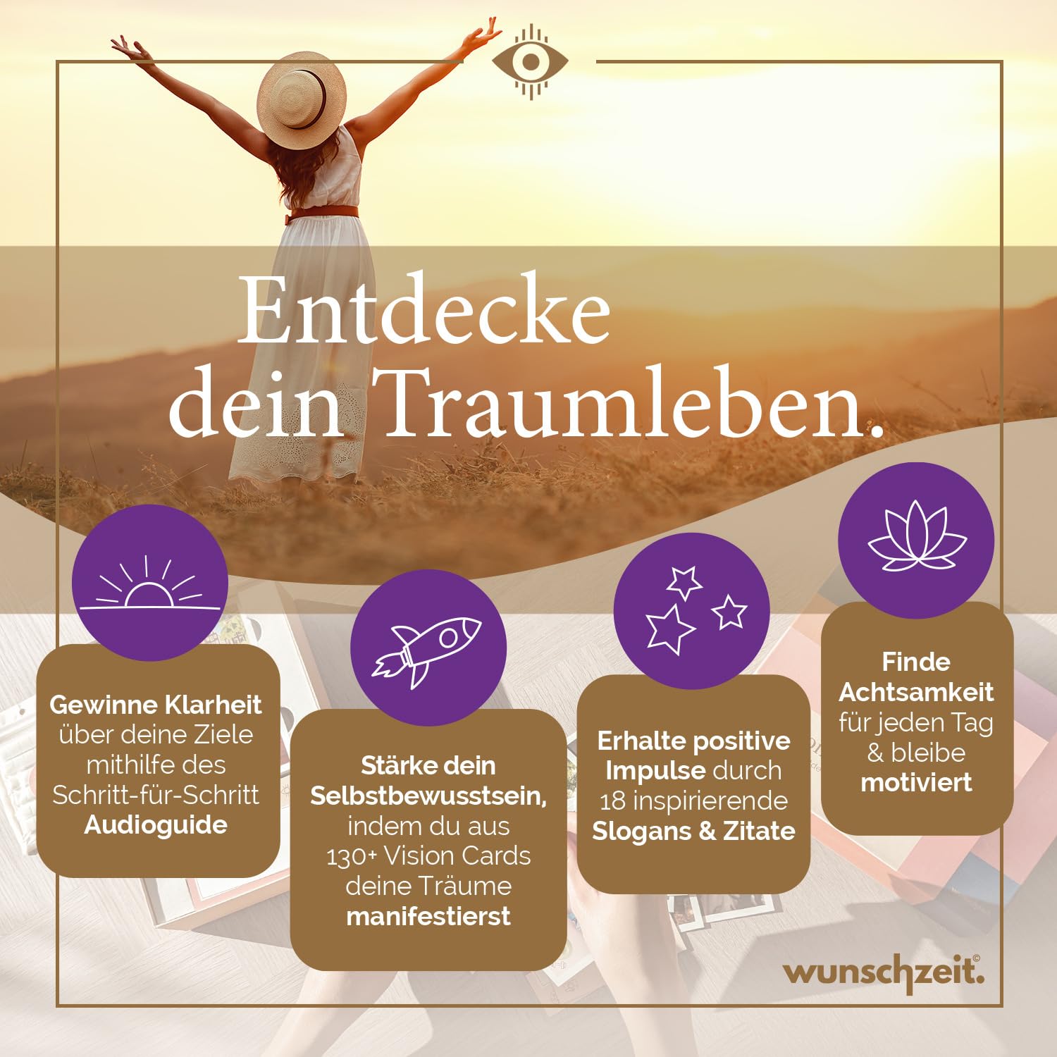 wunschzeit® Premium Vision Board Set | All-in-One Kit mit 162 Karten, 32-Seiten Workbook & XL-Poster | Klarheit, Träume manifestieren & Ziele erreichen | Inspirierendes Geschenk für Frauen